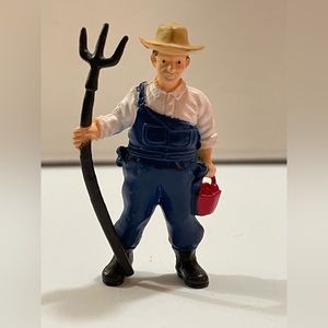 Farmer with Pitchfork toy plastic 2 3/8 inches tall